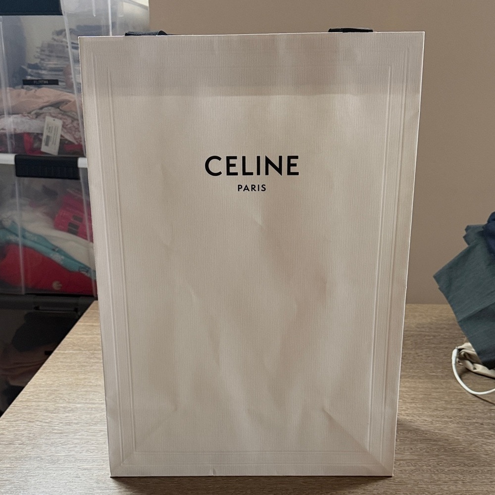 Celine Cream and Black Shopping Bag paper ribbon handles medium sz set dressing